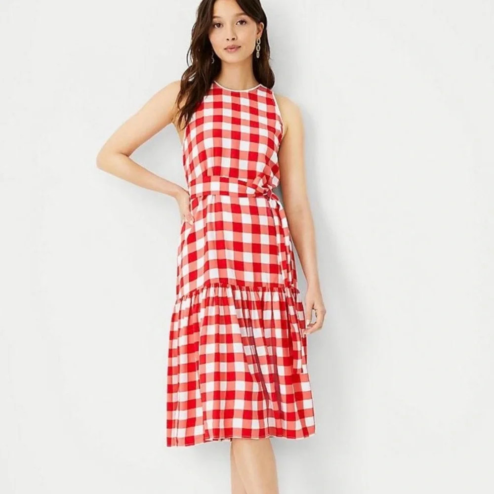 Ann Taylor Red & White Gingham Flared Sleeveless Dress Small - Picture 1 of 9